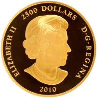 Canada coin 2500 Dollars - Elizabeth II - Banff National Park (2010) obverse obverse of 2500 Dollars - Elizabeth II - Banff National Park (2010) coin with KM# 1045 from Canada. Inscription: ELIZABETH II 2500 DOLLARS D · G · REGINA SB 2010