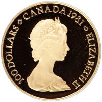 Canada coin 100 Dollars - Elizabeth II - O Canada (1981) obverse obverse of 100 Dollars - Elizabeth II - O Canada (1981) coin with KM# 131 from Canada. Inscription: 100 DOLLARS CANADA 1981 ELIZABETH II