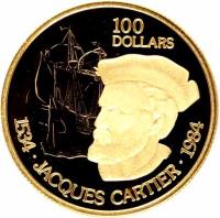 Canada coin 100 Dollars - Elizabeth II - Jacques Cartier (1984) reverse reverse of 100 Dollars - Elizabeth II - Jacques Cartier (1984) coin with KM# 142 from Canada. Inscription: 100 DOLLARS 1534 · Jaques Cartier · 1984
