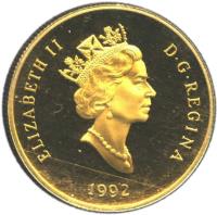 Canada coin 100 Dollars - Elizabeth II - Montreal (1992) obverse obverse of 100 Dollars - Elizabeth II - Montreal (1992) coin with KM# 211 from Canada. Inscription: ELIZABETH II D · G · REGINA 1992