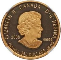 Canada coin 350 Dollars - Elizabeth II - Purple Saxifrage (2008) obverse obverse of 350 Dollars - Elizabeth II - Purple Saxifrage (2008) coin with KM# 832 from Canada. Inscription: ELIZABETH II CANADA D · G · REGINA 2008 .99999 FINE GOLD 350 DOLLARS OR PUR