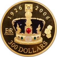 Canada coin 300 Dollars - Elizabeth II - Queen's 80th Birthday (2006) reverse reverse of 300 Dollars - Elizabeth II - Queen's 80th Birthday (2006) coin with KM# 679 from Canada. Inscription: 1926 2006 ER CANADA CS 300 DOLLARS
