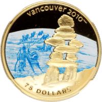 Canada coin 75 Dollars - Elizabeth II - Inukshuk (2008) reverse reverse of 75 Dollars - Elizabeth II - Inukshuk (2008) coin with KM# 820 from Canada. Inscription: vancouver 2010 75 DOLLARS CD