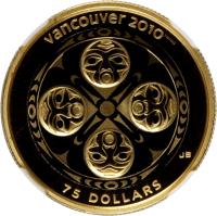 Canada coin 75 Dollars - Elizabeth II - Four Host First Nations (2008) reverse reverse of 75 Dollars - Elizabeth II - Four Host First Nations (2008) coin with KM# 821 from Canada. Inscription: vancouver 2010 JB 75 DOLLARS