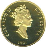 obverse of 200 Dollars - Elizabeth II - Hockey, a National Passion (1991) coin with KM# 202 from Canada. Inscription: ELIZABETH II D · G · REGINA 1991