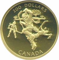 reverse of 200 Dollars - Elizabeth II - Hockey, a National Passion (1991) coin with KM# 202 from Canada. Inscription: 200 DOLLARS CANADA