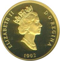 Canada coin 200 Dollars - Elizabeth II - Niagara Falls (1992) obverse obverse of 200 Dollars - Elizabeth II - Niagara Falls (1992) coin with KM# 230 from Canada. Inscription: ELIZABETH II D · G · REGINA 1992