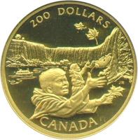 reverse of 200 Dollars - Elizabeth II - Niagara Falls (1992) coin with KM# 230 from Canada. Inscription: 200 DOLLARS CANADA