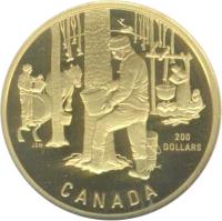 reverse of 200 Dollars - Elizabeth II - The Sugar Bush (1995) coin with KM# 265 from Canada. Inscription: 200 DOLLARS CANADA