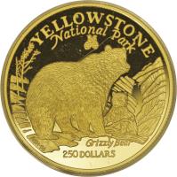 reverse of 250 Dollars - Elizabeth II - Yellowstone National Park - 3'rd Portrait (1996) coin with KM# 296 from Cook Islands. Inscription: YELLOWSTONE National Park Grizzly Bear A · SH · 96 250 DOLLARS