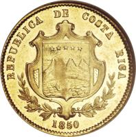 obverse of 1 Escudo (1850 - 1855) coin with KM# 98 from Costa Rica. Inscription: REPUBLICA DE COSTA RICA 1850