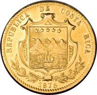 obverse of 5 Pesos (1873 - 1875) coin with KM# 117 from Costa Rica. Inscription: REPUBLICA DE COSTA RICA 1875