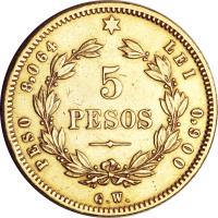reverse of 5 Pesos (1873) coin with KM# 118 from Costa Rica.