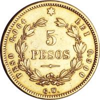 Costa Rica coin 5 Pesos (1873) reverse reverse of 5 Pesos (1873) coin with KM# 118 from Costa Rica.