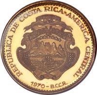 obverse of 100 Colones - Inter-American Human Rights Convention (1970) coin with KM# 196 from Costa Rica. Inscription: REPUBLICA DE COSTA RICA-AMERICA CENTRAL AMERICA CENTRAL REPUBLICA DE COSTA RICA 1970-B.C.C.R.