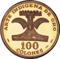 Costa Rica coin 100 Colones - Inter-American Human Rights Convention (1970) reverse reverse of 100 Colones - Inter-American Human Rights Convention (1970) coin with KM# 196 from Costa Rica. Inscription: - ARTE DE INDIGENA DE ORO - 100 COLONES 900