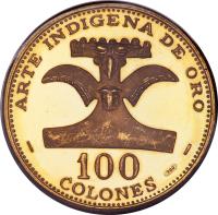 reverse of 100 Colones - Inter-American Human Rights Convention (1970) coin with KM# 196 from Costa Rica. Inscription: - ARTE DE INDIGENA DE ORO - 100 COLONES 900