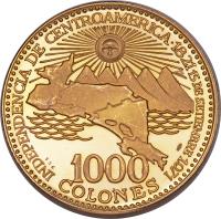 reverse of 1000 Colones - Central American Independence (1970) coin with KM# 199 from Costa Rica. Inscription: INDEPENDENCIA DE CONTROAMERICA · 1821 15 DE SETIEMBRE 1971 556 900 1000 COLONES