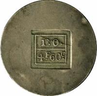 Croatia coin 4 Francs - 60 Centimes - French siege (1813) reverse reverse of 4 Francs - 60 Centimes - French siege (1813) coin with KM# 1 from Croatia. Inscription: 1 · 0 4F · 60C ·