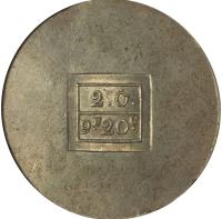 reverse of 9 Francs - 20 Centimes - French siege (1813) coin with KM# 2 from Croatia. Inscription: 2 · 0 9F · 20C ·