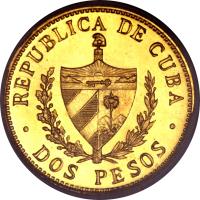 obverse of 2 Pesos - José Martí (1915 - 1916) coin with KM# 17 from Cuba. Inscription: REPUBLICA DE CUBA · DOS PESOS ·