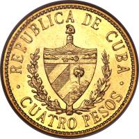 Cuba coin 4 Pesos - José Martí (1915 - 1916) obverse obverse of 4 Pesos - José Martí (1915 - 1916) coin with KM# 18 from Cuba. Inscription: REPUBLICA DE CUBA CUATRO PESOS