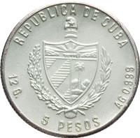obverse of 5 Pesos - Railroads (1983) coin with KM# 110 from Cuba. Inscription: REPUBLICA DE CUBA 12G. 5 PESOS Ag 0,999