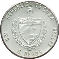 Cuba coin 5 Pesos - Railroads (1983) obverse obverse of 5 Pesos - Railroads (1983) coin with KM# 110 from Cuba. Inscription: REPUBLICA DE CUBA 12G. 5 PESOS Ag 0,999