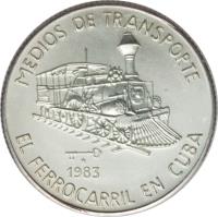 reverse of 5 Pesos - Railroads (1983) coin with KM# 110 from Cuba. Inscription: MEDIOS DE TRANSPORTE 1983 EL FERROCARRIL EN CUBA