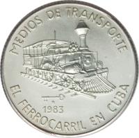 Cuba coin 5 Pesos - Railroads (1983) reverse reverse of 5 Pesos - Railroads (1983) coin with KM# 110 from Cuba. Inscription: MEDIOS DE TRANSPORTE 1983 EL FERROCARRIL EN CUBA