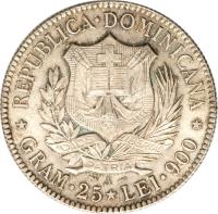Dominican Republic coin 5 Francos (1891) obverse obverse of 5 Francos (1891) coin with KM# 12 from Dominican Republic. Inscription: REPUBLICA DOMINICANA GRAM 25 LEI 900