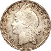 Dominican Republic coin 5 Francos (1891) reverse reverse of 5 Francos (1891) coin with KM# 12 from Dominican Republic. Inscription: CINCO FRANCOS 1891