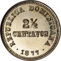 Dominican Republic coin 2 1/2 Centavos (1877) reverse reverse of 2 1/2 Centavos (1877) coin with KM# 4 from Dominican Republic. Inscription: REPUBLICA DOMINICANA 2½ CENTAVOS 1877