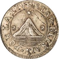 obverse of 2 Reales (1833 - 1834) coin with KM# 11.6 from El Salvador. Inscription: POR LA LIVERTAD DEL SALV