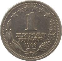 Yugoslavia coin 1 Dinar (1968) reverse reverse of 1 Dinar (1968) coin with KM# 48 from Yugoslavia. Inscription: 1 ДИНАР DINAR 1968