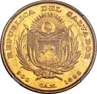 obverse of 20 Pesos (1892) coin with KM# 119 from El Salvador. Inscription: Republica Del Salvador 900. CAM. 1892