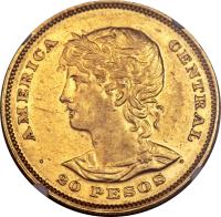 reverse of 20 Pesos (1892) coin with KM# 119 from El Salvador. Inscription: AMERICA CENTRAL . 20 Pesos .