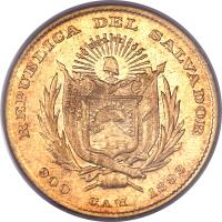 obverse of 2 1/2 Pesos (1892) coin with KM# 116 from El Salvador. Inscription: REPUBLICA DEL SALVADOR 900 C.A.M. 1892