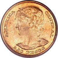 reverse of 2 1/2 Pesos (1892) coin with KM# 116 from El Salvador. Inscription: AMERICA CENTRAL 2.50 PESOS
