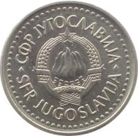 Yugoslavia coin 10 Dinara (1982 - 1988) obverse obverse of 10 Dinara (1982 - 1988) coin with KM# 89 from Yugoslavia. Inscription: СФР JУГОСЛАВИJА SFR JUGOSLAVIJA 29 · XI · 1943