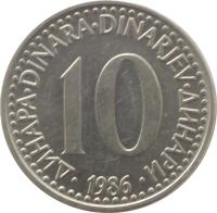 reverse of 10 Dinara (1982 - 1988) coin with KM# 89 from Yugoslavia. Inscription: 10 ДИНАРА · DINARA · DINARJEV · ДИНАРИ · 1983