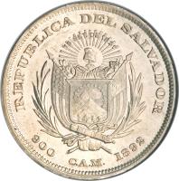 obverse of 1 Peso (1892) coin with KM# 114 from El Salvador.