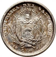 obverse of 10 Centavos (1892) coin with KM# 110 from El Salvador. Inscription: REPUBLICA DEL SALVADOR 835 C.A.M. 1892