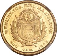 obverse of 5 Pesos (1892) coin with KM# 117 from El Salvador.
