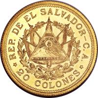 obverse of 20 Colones - San Salvador (1925) coin with KM# 132 from El Salvador. Inscription: REP. DE EL SALVADOR-C.A. *20 COLONES*