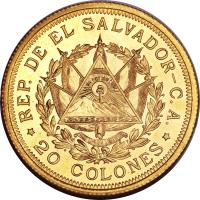 El Salvador coin 20 Colones - San Salvador (1925) obverse obverse of 20 Colones - San Salvador (1925) coin with KM# 132 from El Salvador. Inscription: REP. DE EL SALVADOR-C.A. *20 COLONES*