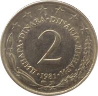 Yugoslavia coin 2 Dinara (1971 - 1981) reverse reverse of 2 Dinara (1971 - 1981) coin with KM# 57 from Yugoslavia. Inscription: ДИНАРА DINARA DINARJA ДИНАРИ 2 1973
