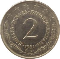 reverse of 2 Dinara (1971 - 1981) coin with KM# 57 from Yugoslavia. Inscription: ДИНАРА DINARA DINARJA ДИНАРИ 2 1973