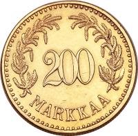 reverse of 200 Markkaa (1926) coin with KM# 29 from Finland. Inscription: 200 MARKKAA