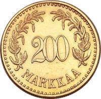 Finland coin 200 Markkaa (1926) reverse reverse of 200 Markkaa (1926) coin with KM# 29 from Finland. Inscription: 200 MARKKAA